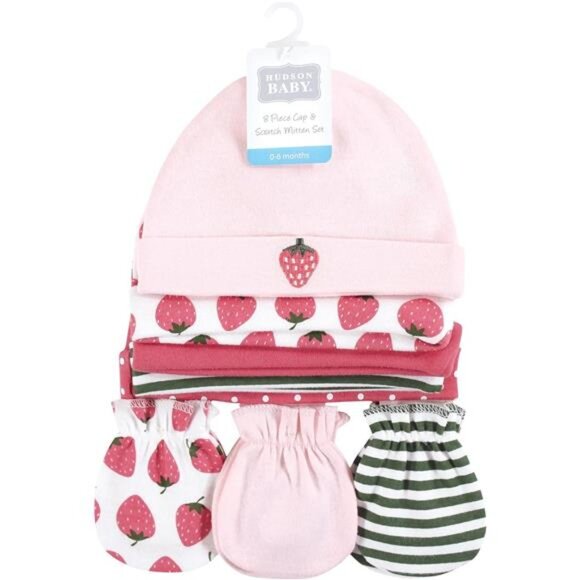 Baby Strawberry Pink‎ Unisex Baby Cotton Cap and Scratch Mitten Set for Girls - Picture 2 of 6